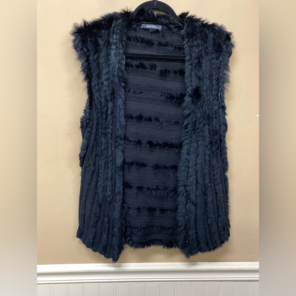 Damaged Cavita Black Rabbit Fur Sweater Vest Mob Wife Style Size M